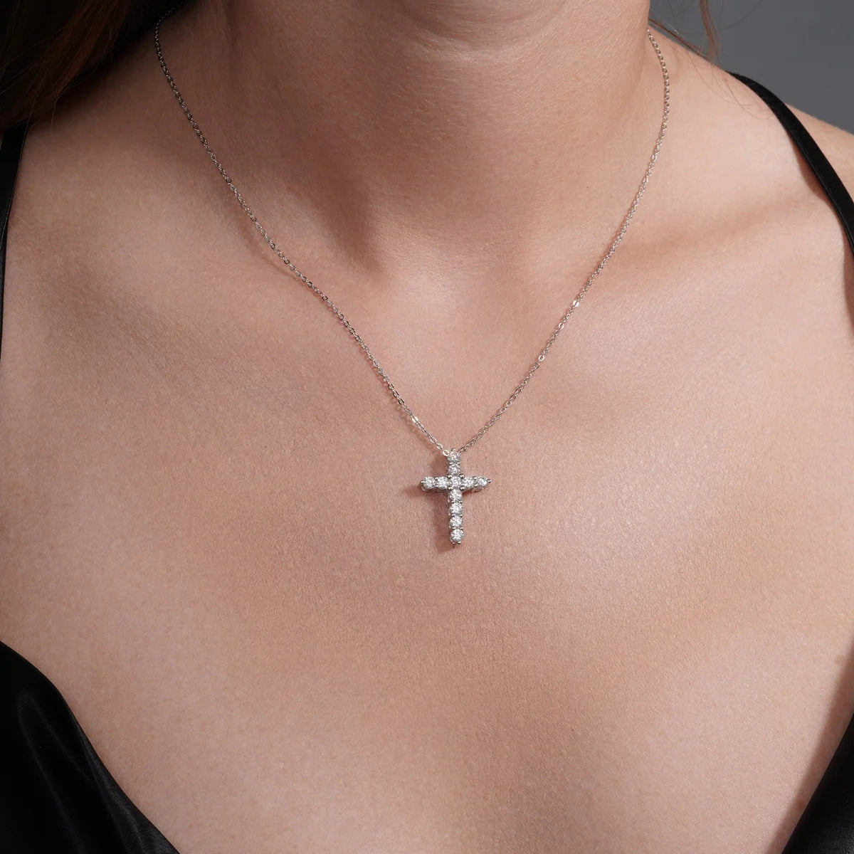 Rhodium Plated 925 Sterling Silver Cross Moissanite Studded Adjustable Pendant Necklace