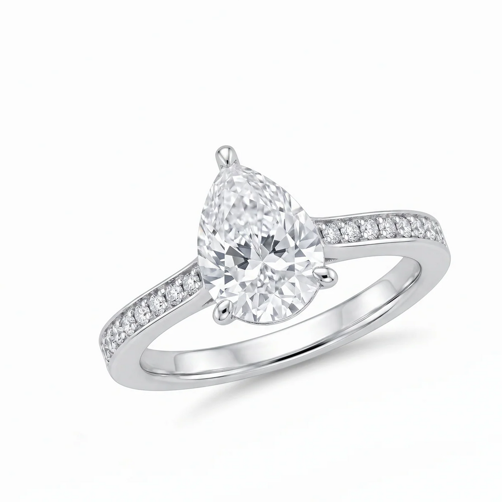 Rhodium Plated 925 Sterling Silver Moissanite Classic Pear-Cut Solitaire Ring