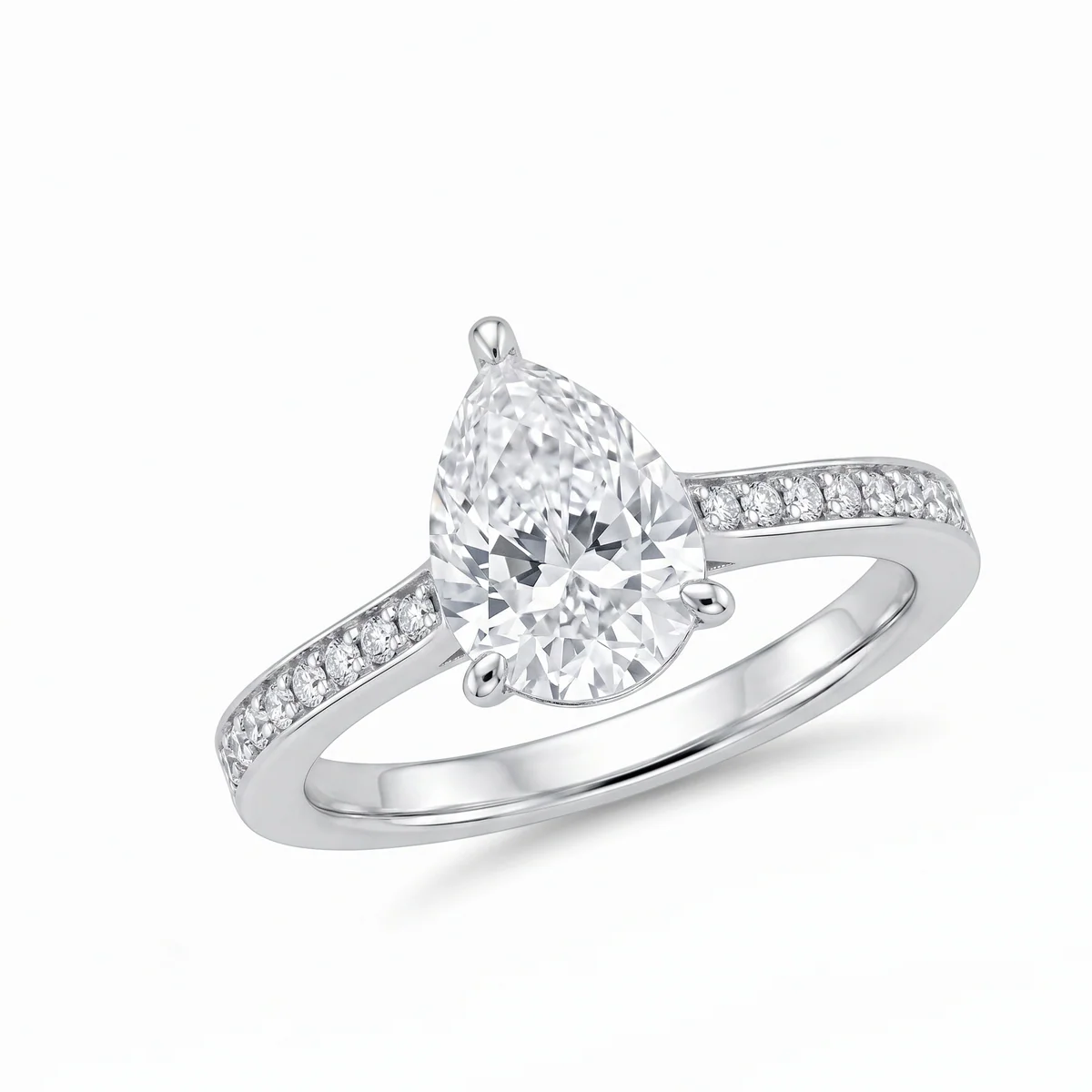 Rhodium Plated 925 Sterling Silver Moissanite Classic Pear-Cut Solitaire Ring