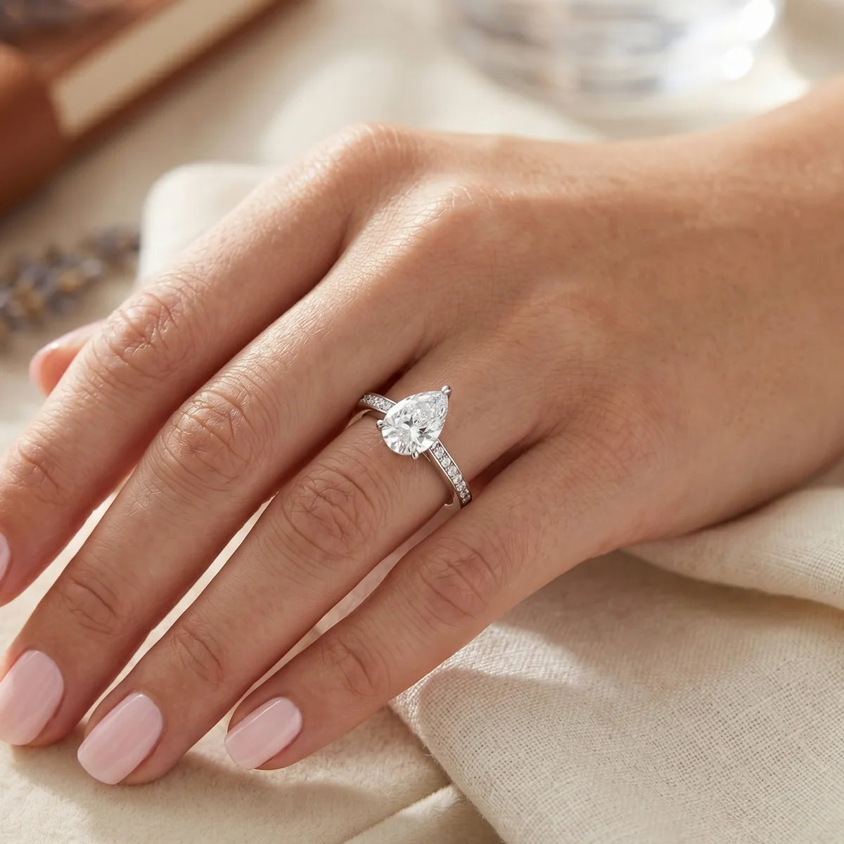 Rhodium Plated 925 Sterling Silver Moissanite Classic Pear-Cut Solitaire Ring