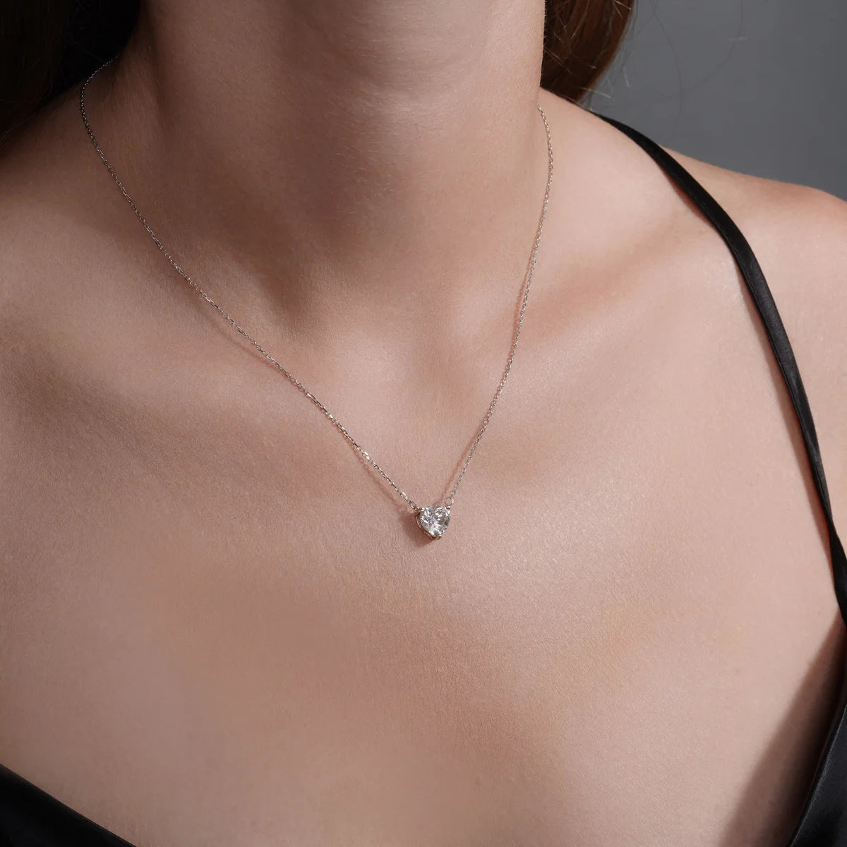 Rhodium Plated 925 Sterling Silver Moissanite Heart Pendant Adjustable Necklace