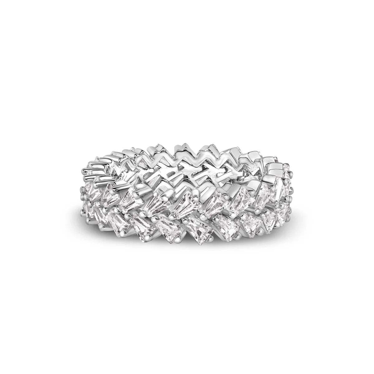 Rhodium Plated 925 Sterling Silver Moissanite Double Eternity Band Baguette Ring