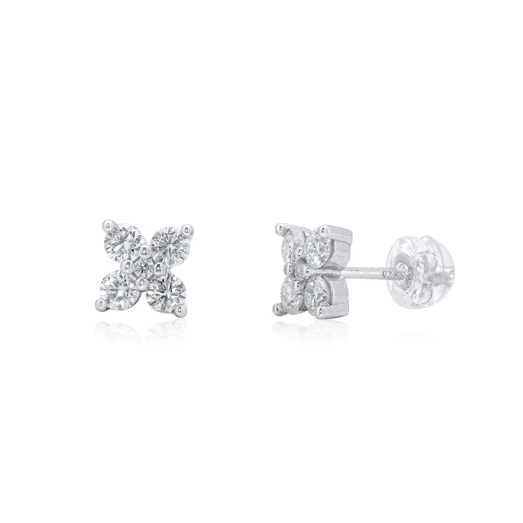 Rhodium Plated 925 Sterling Silver Flower Moissanite Studded 7mm Stud Earring