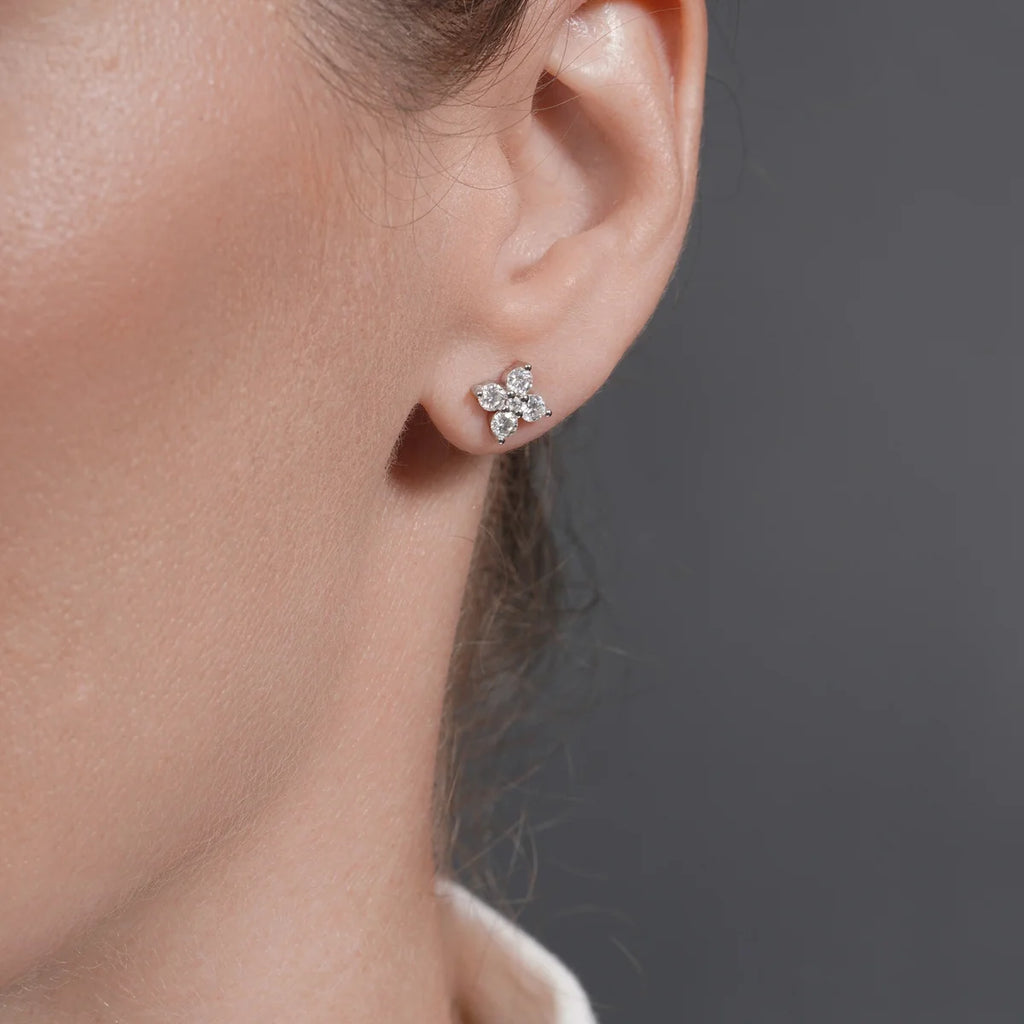 Rhodium Plated 925 Sterling Silver Flower Moissanite Studded 7mm Stud Earring