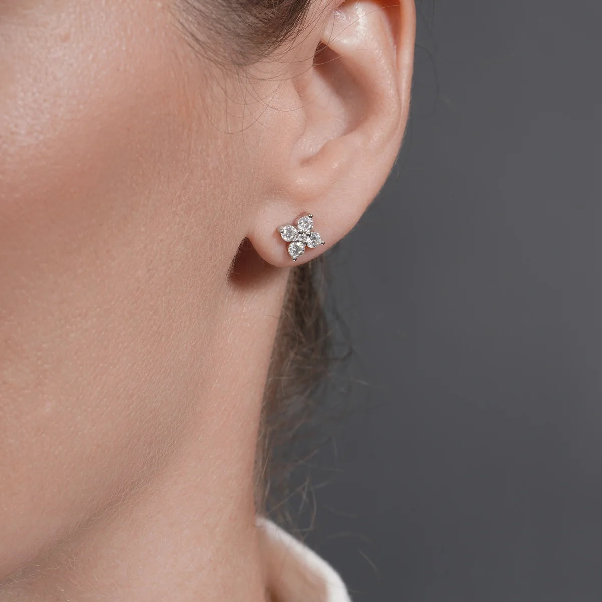 Rhodium Plated 925 Sterling Silver Flower Moissanite Studded 7mm Stud Earring